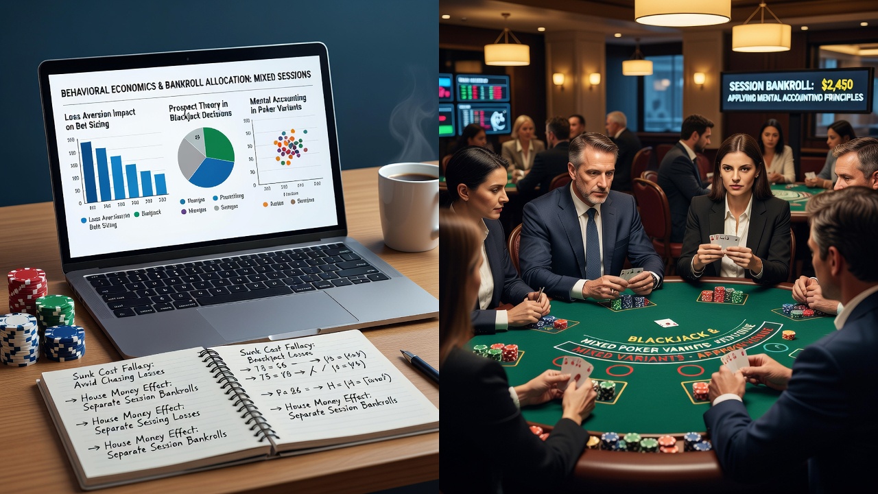 Chart showing behavioral economics factors influencing player bankroll decisions during mixed poker and blackjack sessions
