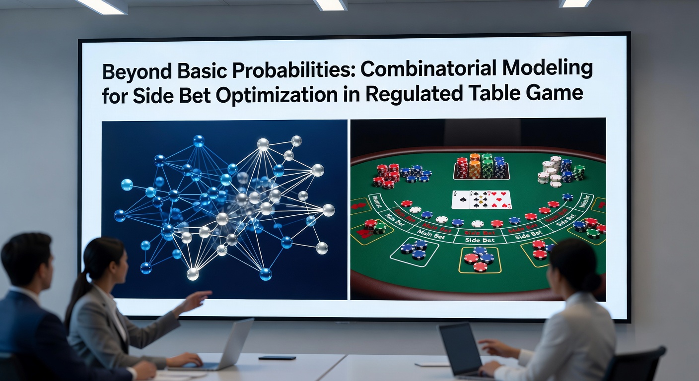 Regulatory compliance team reviewing combinatorial side bet reports and payout verification tables in a modern casino operations center