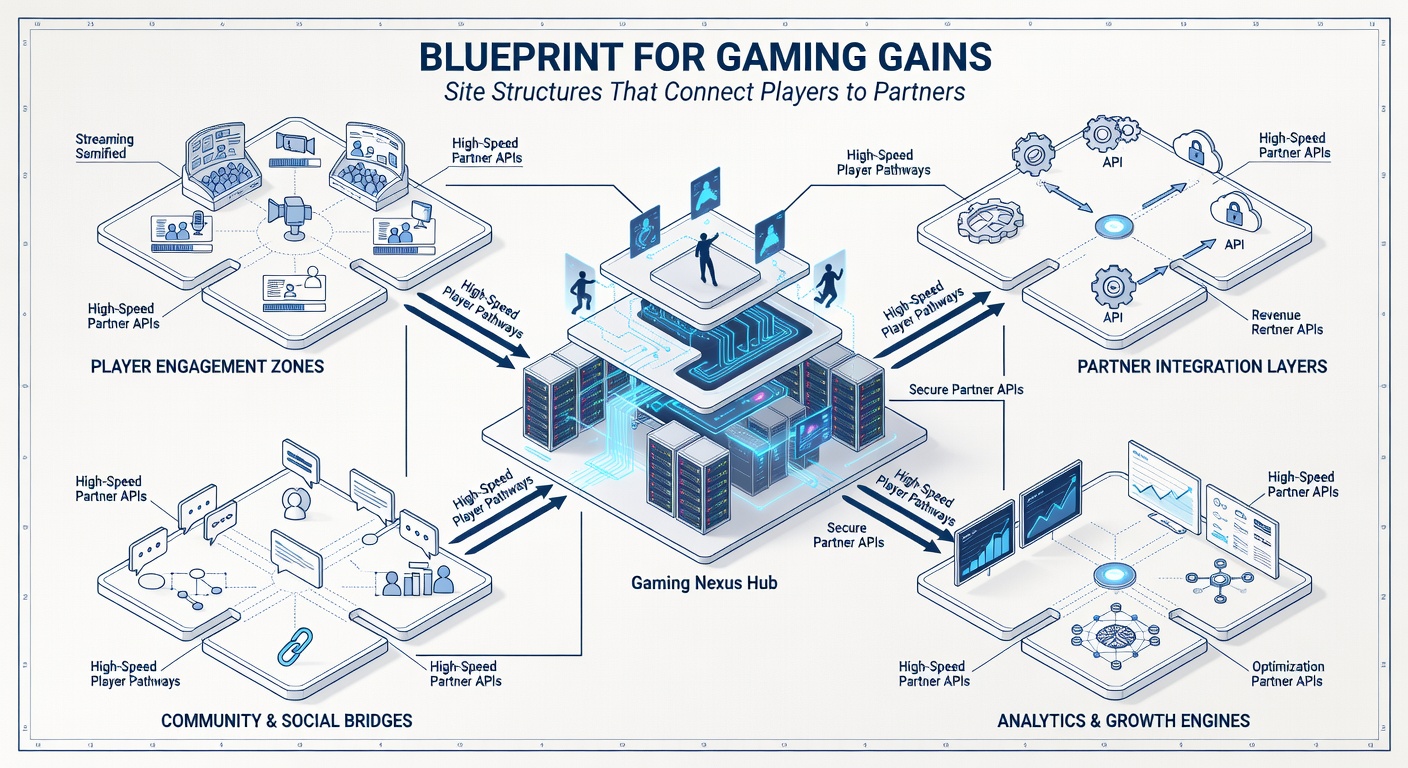 Close-up of content hub on a gaming affiliate site, showcasing strategy guides, reviews, and embedded partner links forming a seamless user flow