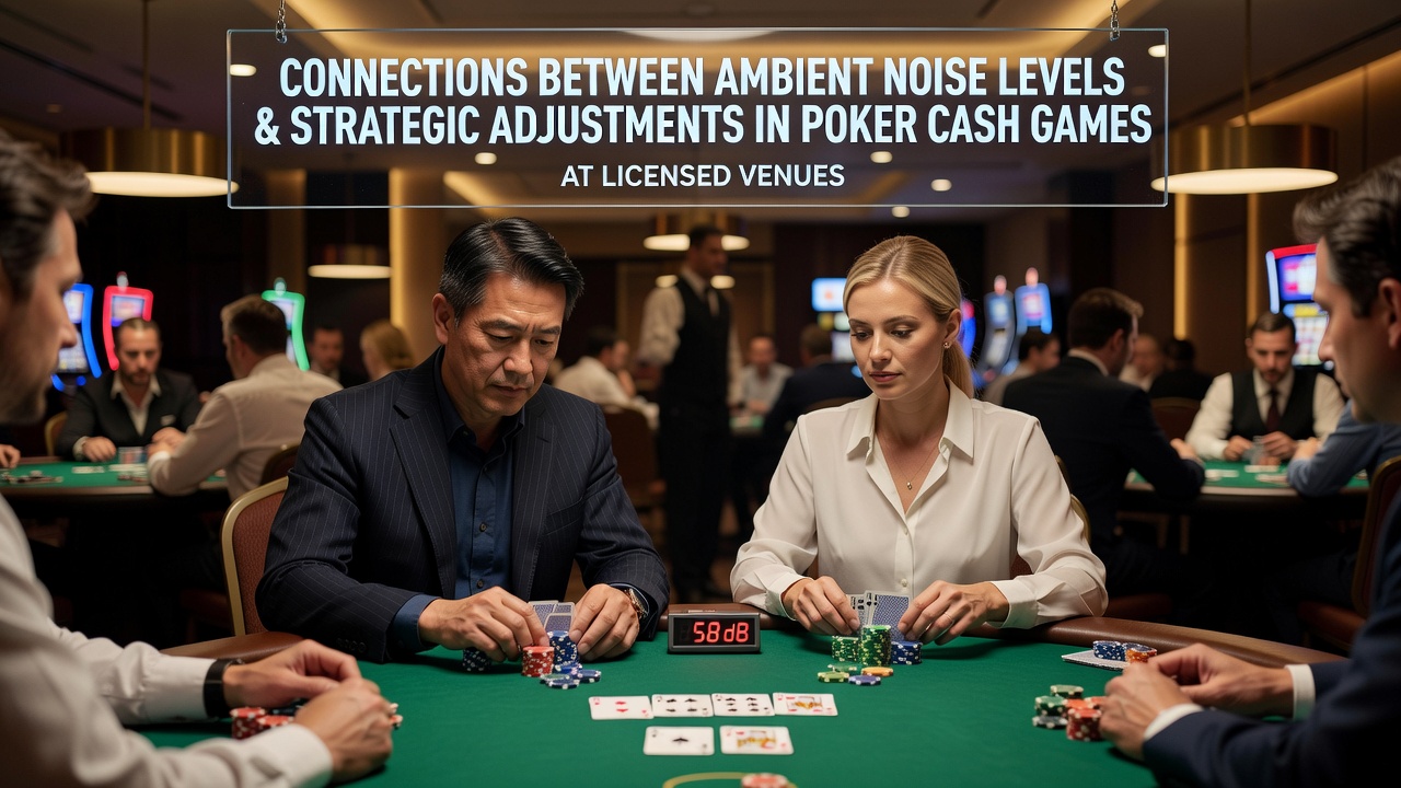 Poker players at a licensed casino table adjusting to ambient noise conditions during cash game play