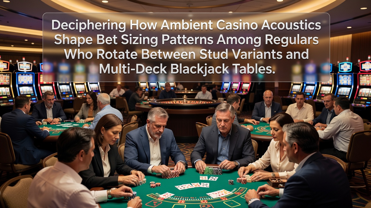 Casino floor acoustics with players at stud and blackjack tables under ambient lighting and sound systems