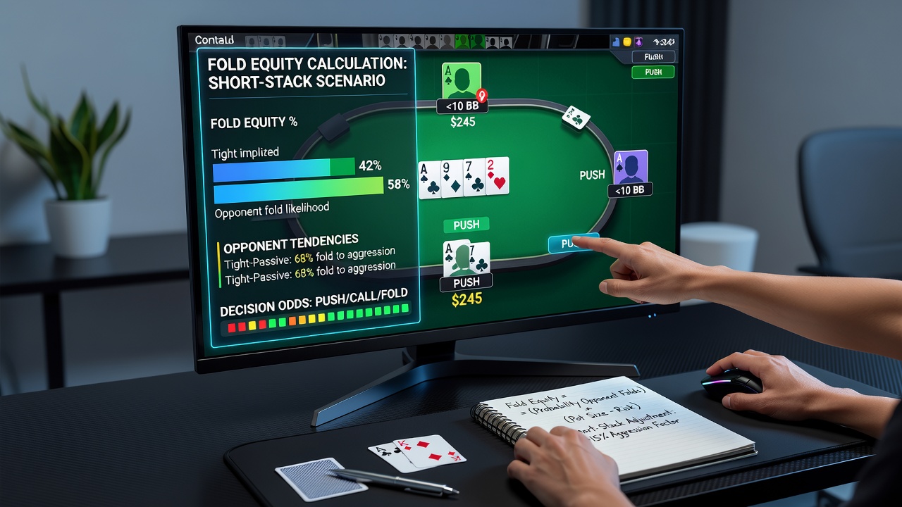 Diagram illustrating fold equity calculations in short-stacked Pot Limit Omaha scenarios with stack sizes and pot odds displayed