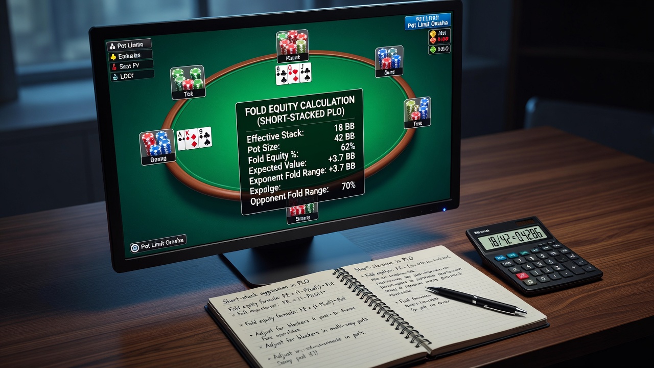 Chart showing fold rates and equity realization across different stack depths in online Pot Limit Omaha