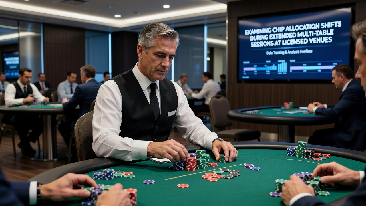 Detailed view of poker chip stacks and allocation changes across multiple tables during long casino sessions