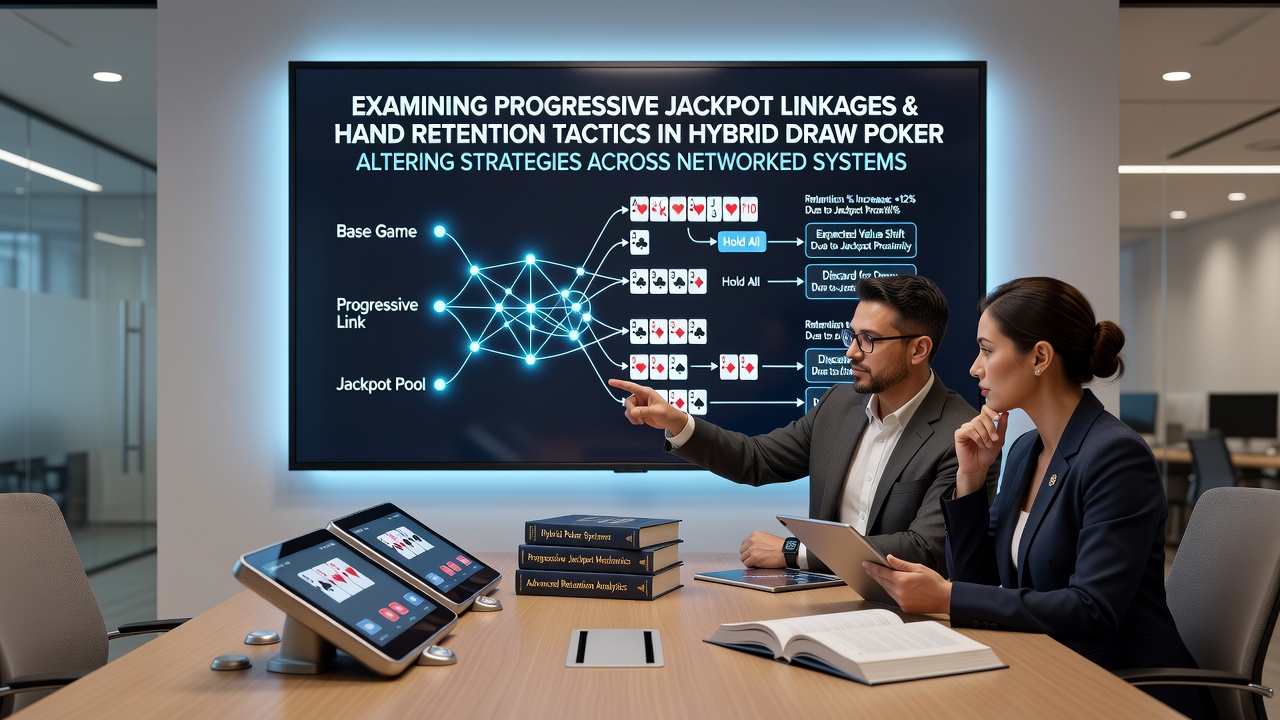 Close-up view of hybrid draw poker screen showing retention prompts and progressive meter