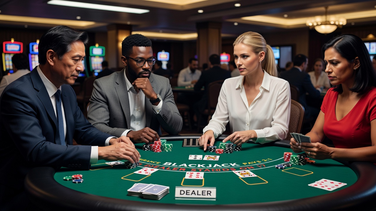 Casino table with multiple players observing cards during a blackjack hand while considering hit decisions