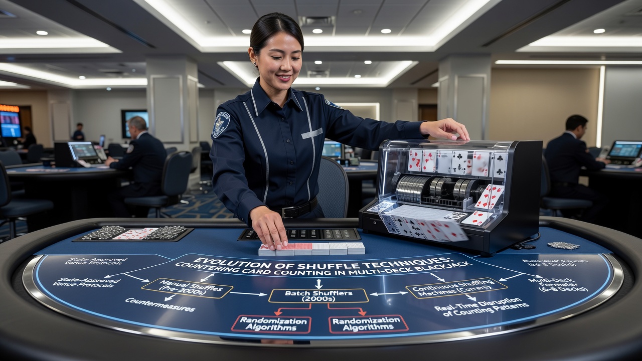 Multi-deck blackjack table with automated shuffling equipment at a state-regulated casino venue