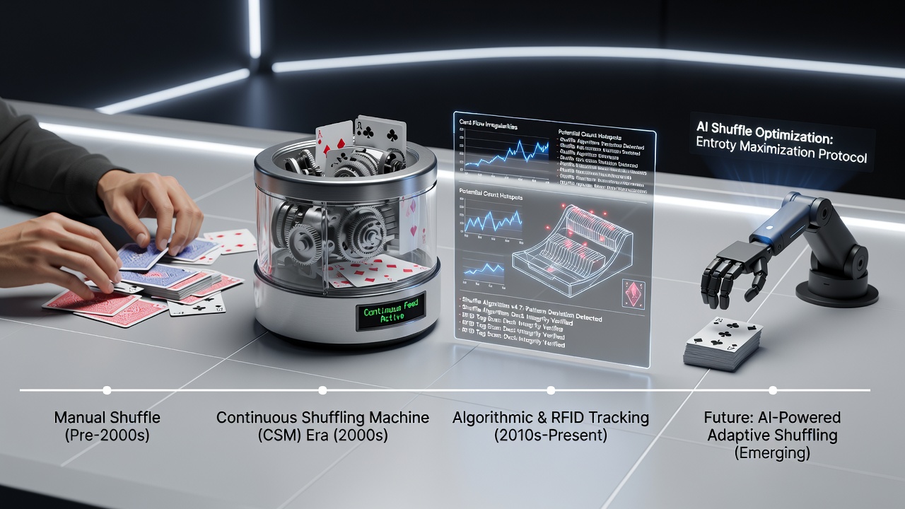 Close-up view of continuous shuffling machine in operation during multi-deck blackjack play at a licensed casino