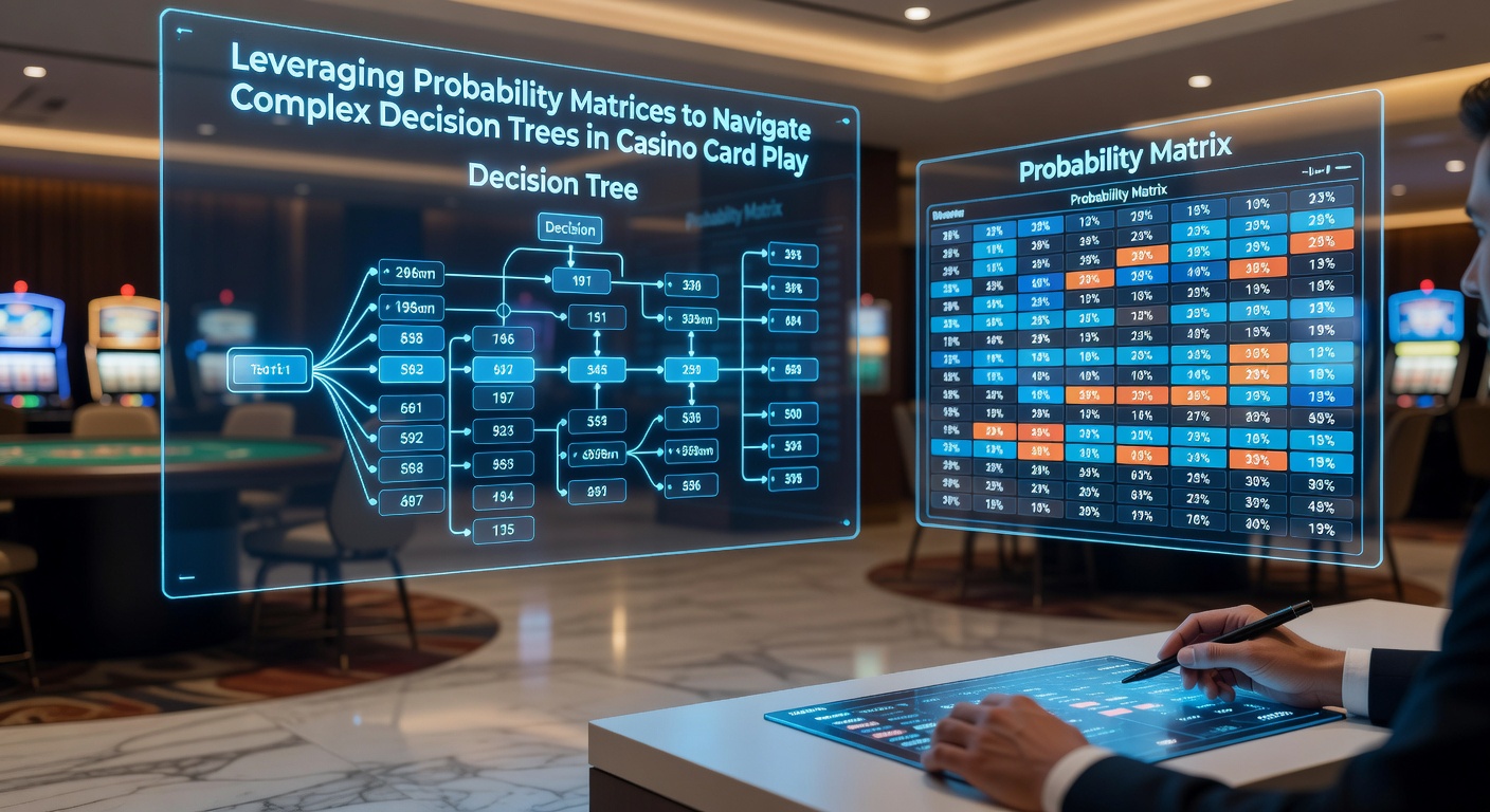 Illustration of probability matrices applied to casino card game decision trees showing branching outcomes and numerical grids