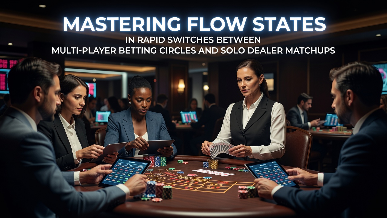 Casino floor view showing adjacent poker tables and blackjack stations with players in motion