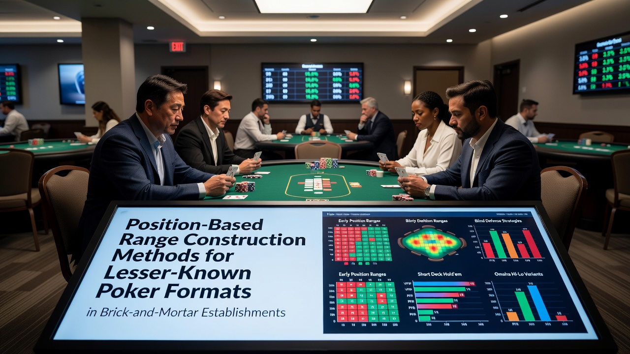 Poker players at a brick-and-mortar casino table discussing hand ranges in an uncommon poker format