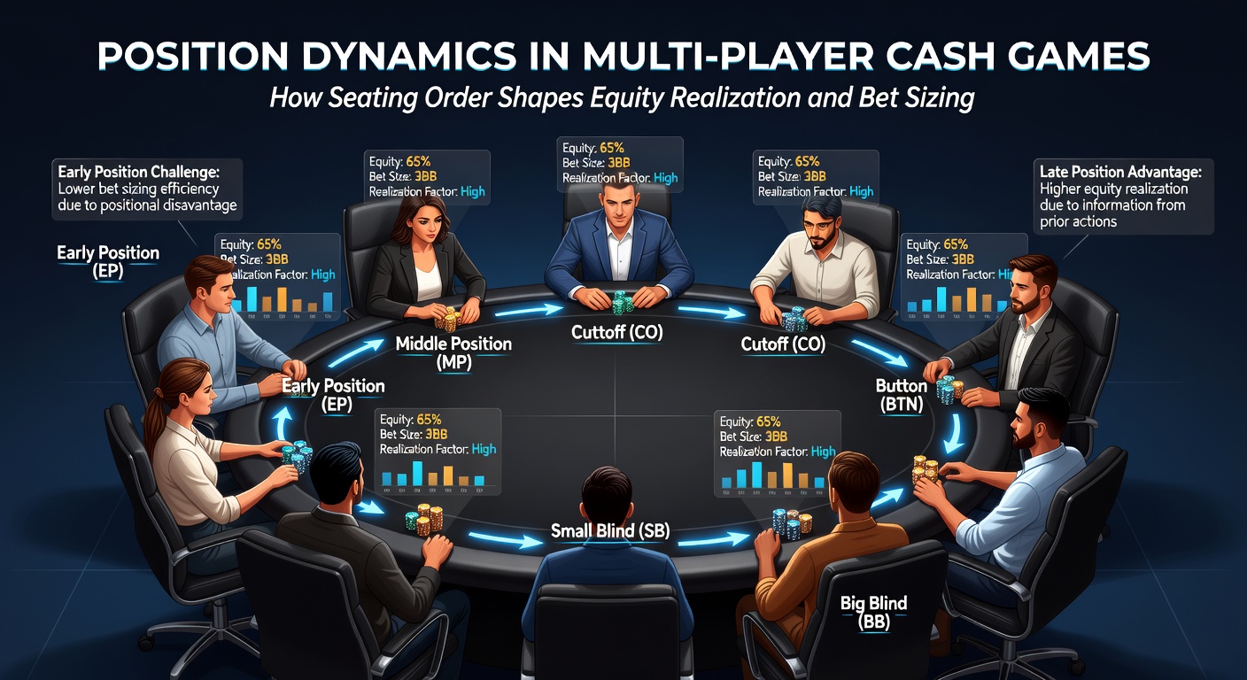 Illustration of bet sizing strategies and equity realization differences across poker table positions