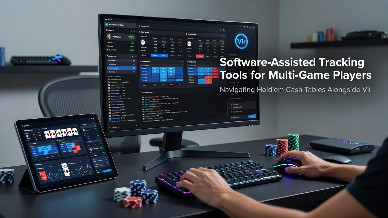Split-screen view of tracking software showing poker cash game statistics next to virtual blackjack performance charts