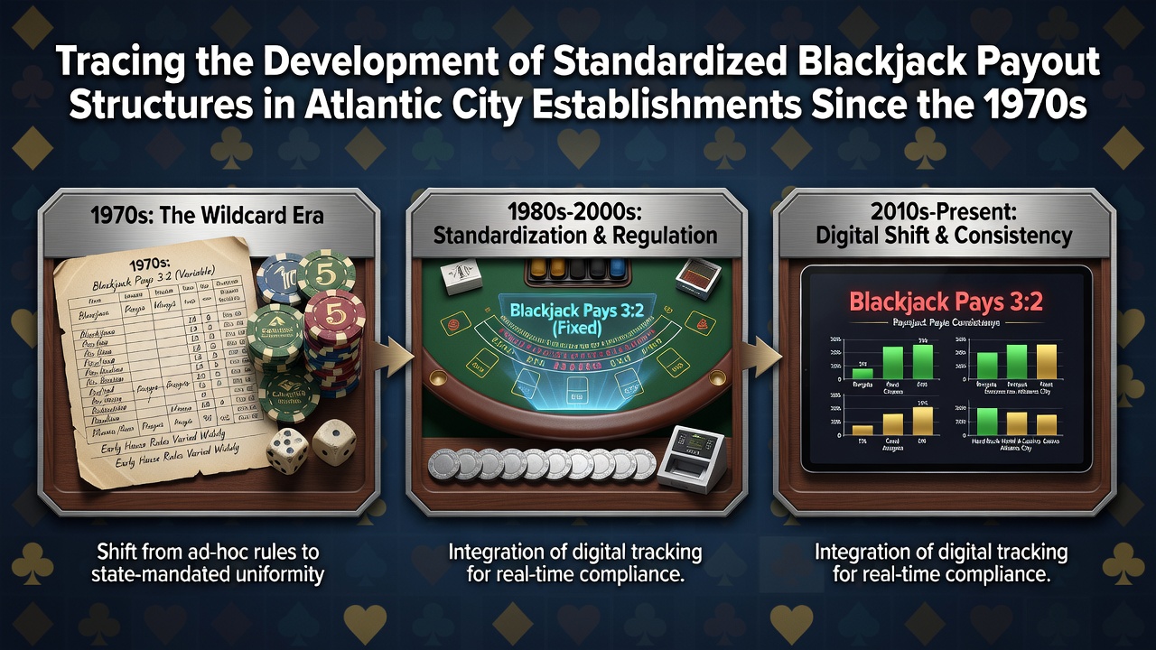 Vintage photo of Atlantic City blackjack tables from the late 1970s showing early payout signage and dealer interactions